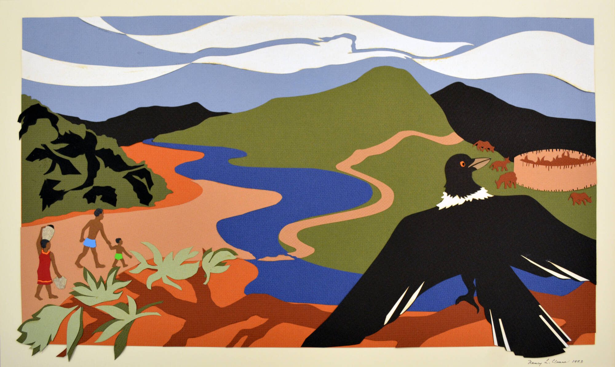 Paper collage image of a black bird flying above an African village scene with a river, mountains and clouds.